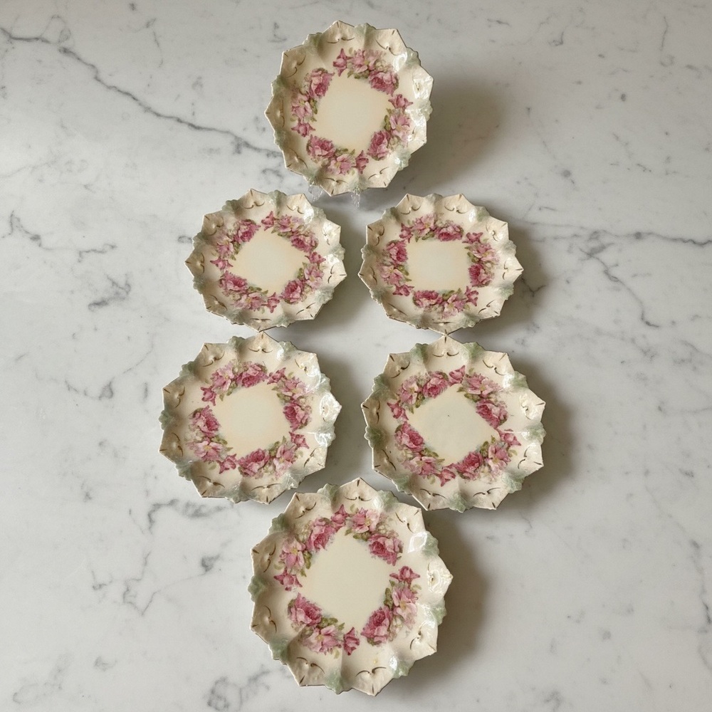Antique MZ Austria Pink Rose Porcelain Plates Set of 6 Victorian Floral